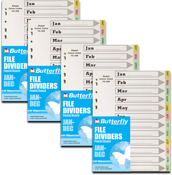 Board File Dividers - A4 160Gsm Pastel - 12 Tab (Jan-Dec) X4