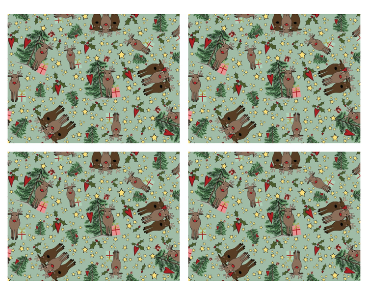 4 Placemats - Green with Reindeers, Christmas Trees, Stars &amp; Hearts