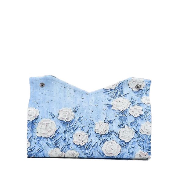 Blue Oil Painting Style Tissue Box with White Floral Pattern