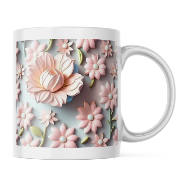 Ceramic 3D Soft Pink Flower Mug - White - 11 OZ