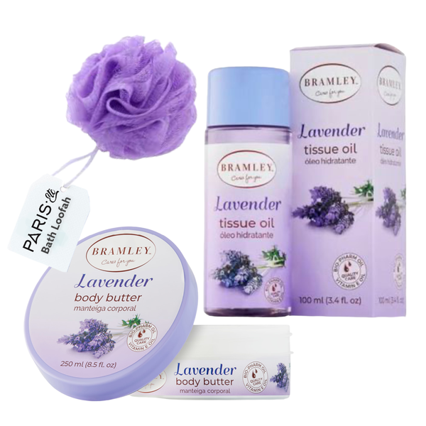 Bramley Lavender Tissue Oil 100ml &amp; Body Butter 250ml with Bath Loofah