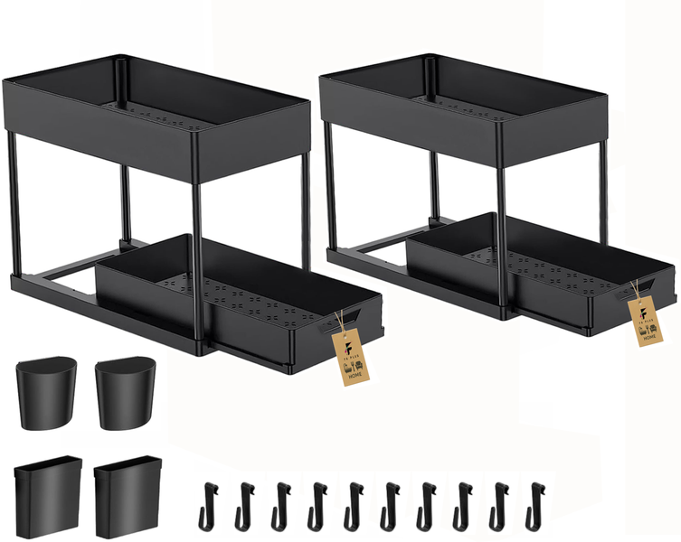2 Tier Pull-Out Under Sink Organizer With Hooks &amp; Hanging Holders - 2 Packs