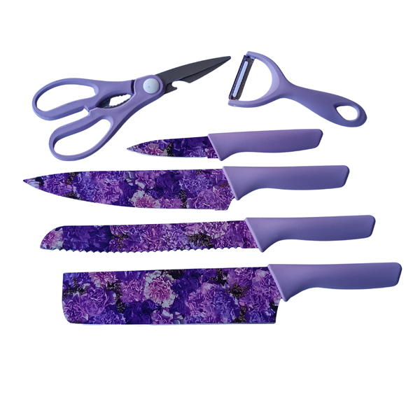 Purple 6 Piece Knife Set - Floral