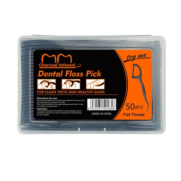 Bamboo Charcoal Dental Floss Picks - High-Tensile, 50-Count (5 Boxes)