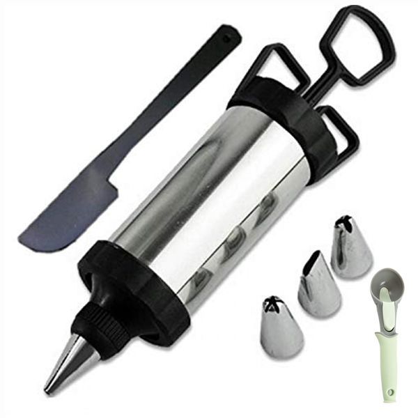 Decorative Icing Syringe Set Stainless Steel 4 Nozzles with Scoop
