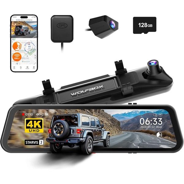 Wolfbox G900 Pro 12" Mirror Dash Cam - Front 4K &amp; Rear 2.5K, STARVIS 2