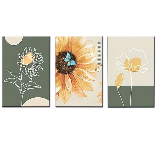 Canvas-Art-3 Pieces Sage Green Yellow SunFlower Decorative Wall Art
