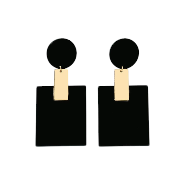 Modern Black Gold Geometric Drop Earrings - Gold-Toned