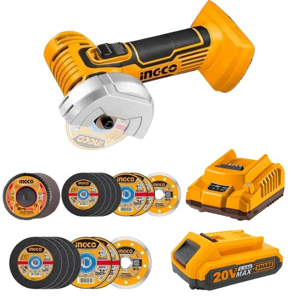 Ingco - Mini Cut-off Tool/Grinder with 2.0Ah Battery, Charger &amp; Mini Discs