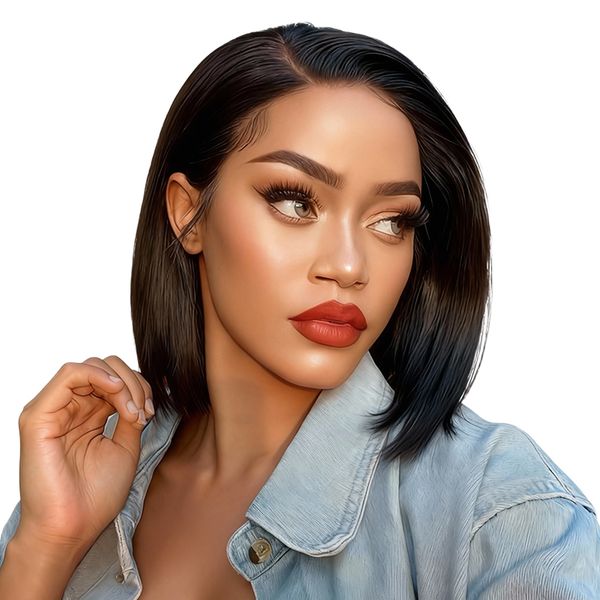 10In Bob Wig Brazilian Full Lace Frontal Wig Wear&amp;Go Glueless Wig-Black In