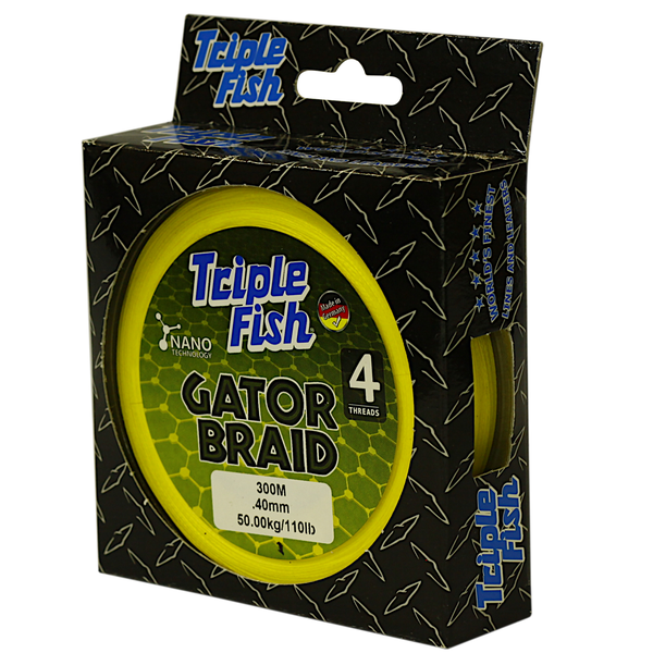 Triple Fish GATOR BRAID X4 Braided Fishing Line 50KG/110LB .40MM, Colour Yellow, 300M Spool