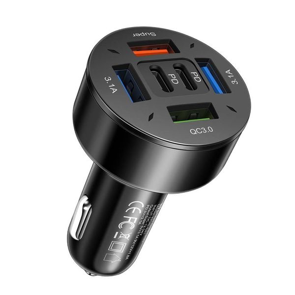 Black 6-in-1 Car Charger 4USB+2PD QC3.0 Fast