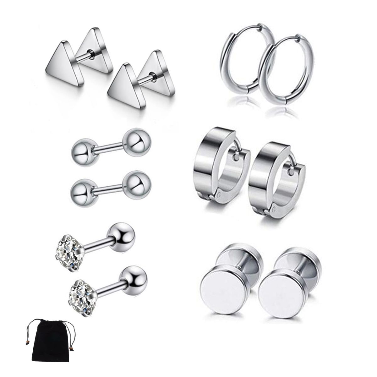 6-Pair Black Stainless Steel Earrings Set - Hypoallergenic, Stylish