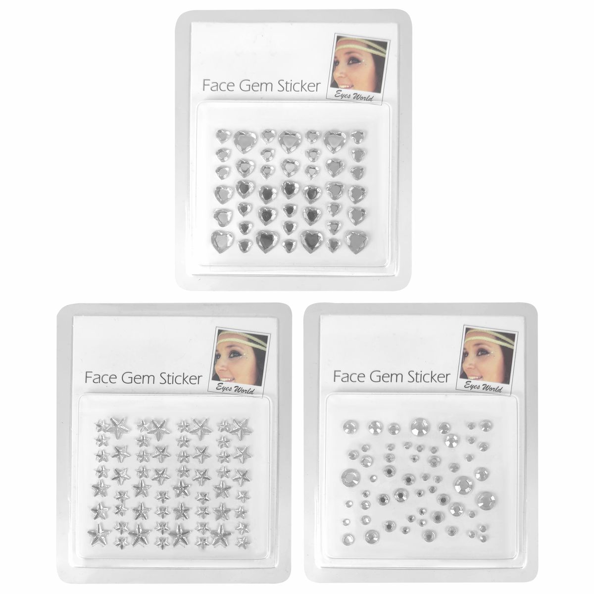 Set of 3 Face Gem Stickers Color Rhinestones Hearts, Diamonds