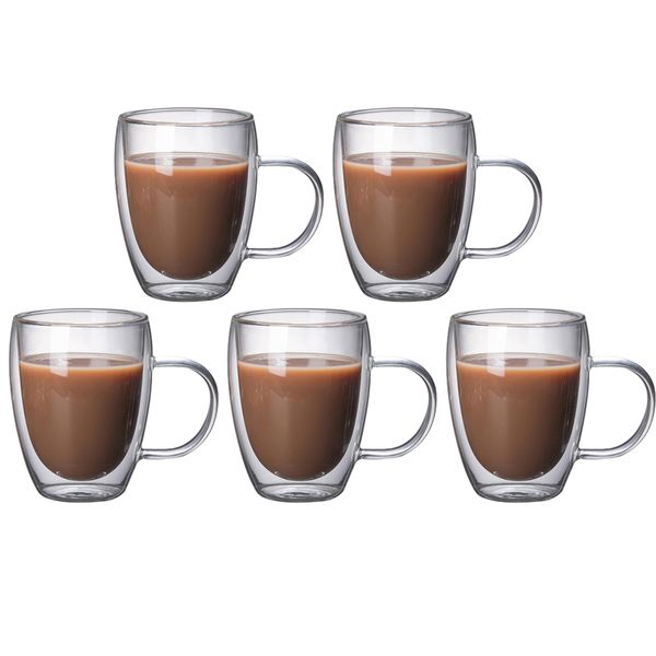 5 Pieces 350ml Double Wall Insulated Glass Mugs Set