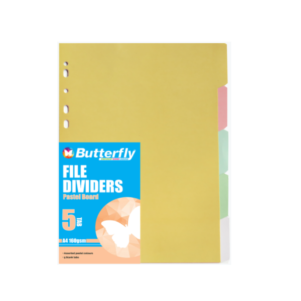 Butterfly A4 File Dividers Pastel Board 5 Tab (Pack Of 10) Shop