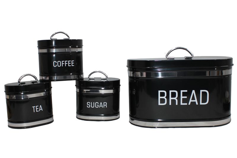 Oval 4 Piece Stainless Steel Bread Bin &amp; Tea Coffee &amp; Sugar Canister Set