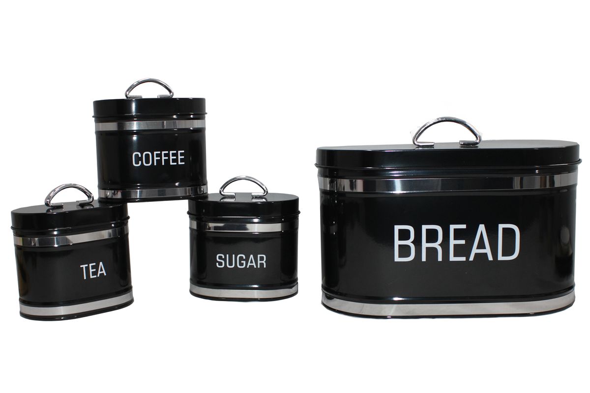 Oval 4 Piece Stainless Steel Bread Bin & Tea Coffee & Sugar Canister