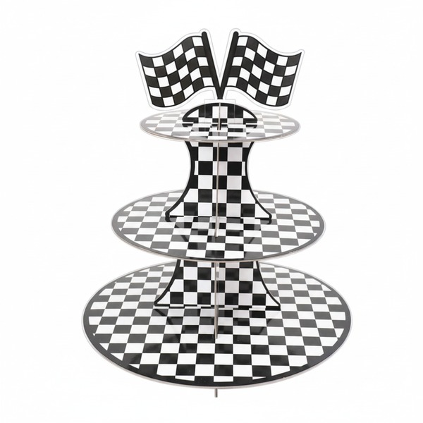 3-Tier Racing Theme Birthday Cupcake Stand - Black &amp; White