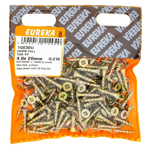 EUREKA Chipboard Screws Full Thread Yellow Zinc 4 x 20mm Q:210 1GE30U