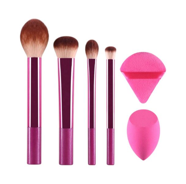 6 Piece Makeup Brush Set With Beauty Blender and Powder Puff - Purple