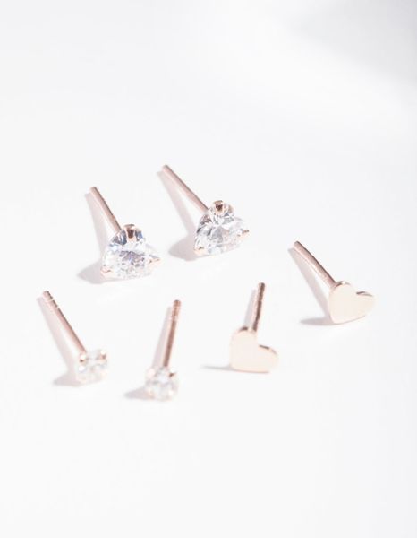 Rose Gold Plated Sterling Silver Cubic Zirconia Heart Stud Earring 3 Pack