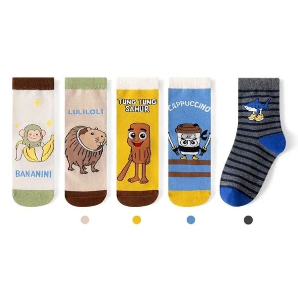 5 Pairs Italian Brainrot Children's' Socks Spring Autumn Cotton Socks