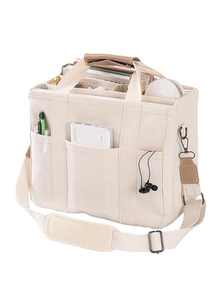 Canvas Tote Bag with Multi Pockets Crossbody Tote Bag for Women