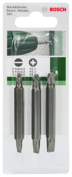 3 Piece Double Ended Bit S0,6x4,5-PZ1, S0,8x5,5-PZ2, S1,2x6,5-PZ3, 60 mm