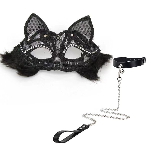 Halloween Cat-Inspired Black Lace Mask with Collar and Chain