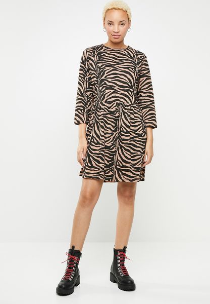 Women's Missguided Jersey Zebra Half Sleeve Smock Dress - Brown