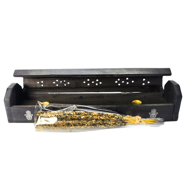 Handmade Hamsa Wooden Box Incense Burner &amp; 8 Hand-Rolled Incense Sticks