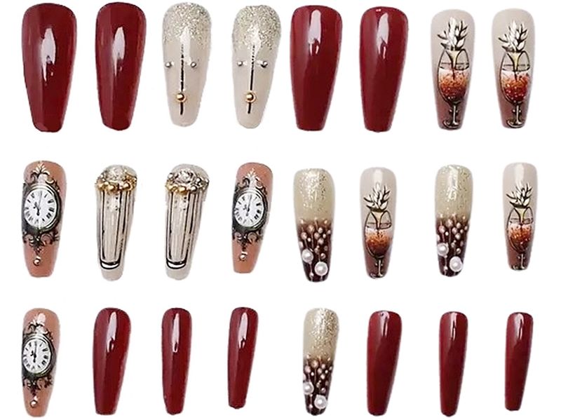 24 Pcs Vintage Steampunk inspired Press-On Nails Set, Ballet Coffin Shape