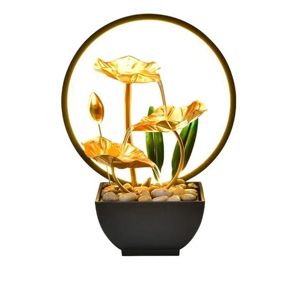 Indoor Mini Tabletop Water Fountain Metal Flower with LED Light Circle