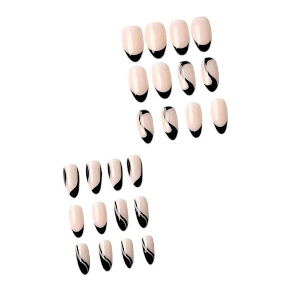 24pcs - French Tip Almond Press On Nails With Swirl - Black