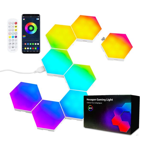 Set of 8 Modular RGB Hexagonal Wall Lamps, App &amp; Remote Control, Music Sync