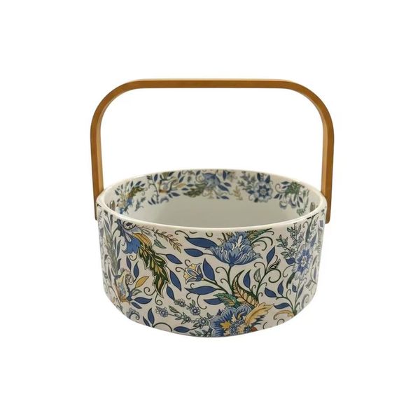 Blue Floral Ceramic Fruit Bowl with Wooden Handle