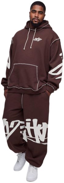boohooMAN - Men's Plus Size Graffiti Hooded Tracksuit - Chocolate