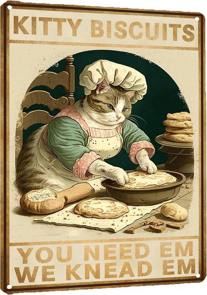 12x8" Kitty Biscuits Cottagecore Tin Sign, Vintage Cat Home Wall Decor