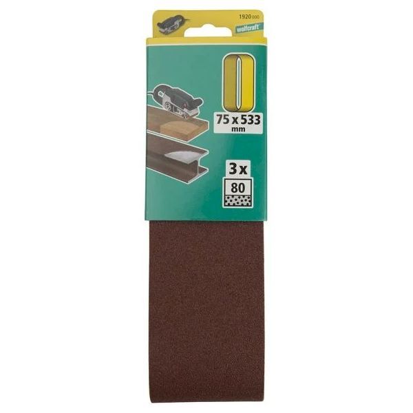 Wolfcraft 3 Pack Sanding Belts 75X533MM 80 Grit