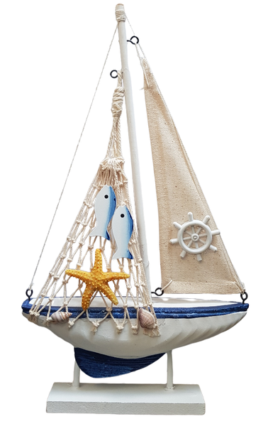 Nautical Wooden Beach Theme Ship on Stand - Wheel/Fish