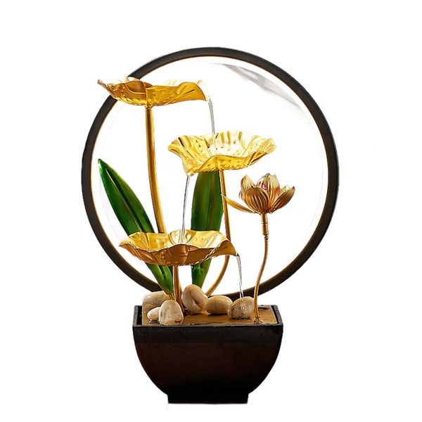 Tabletop Water Fountain Gold Lotus Waterfall with Light Desktop ornaments