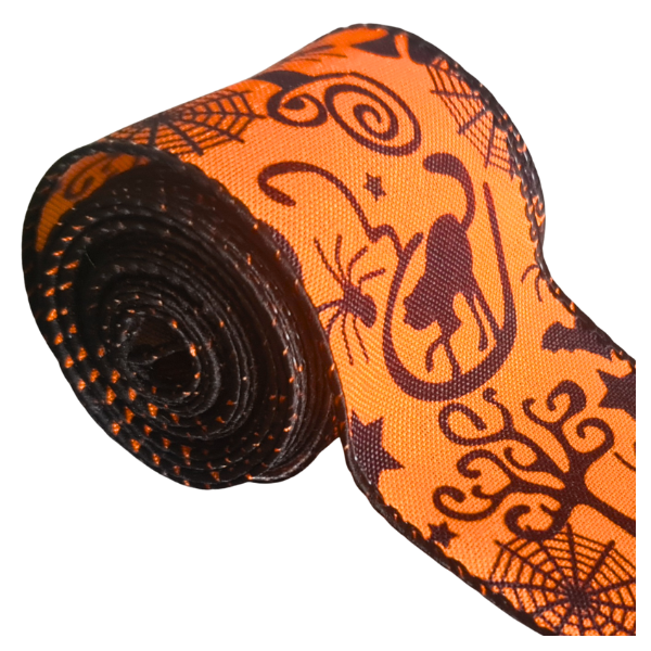 Black Cat &amp; Spider Silhouette on Orange Ribbon - 63mm x 3m Wired Edge