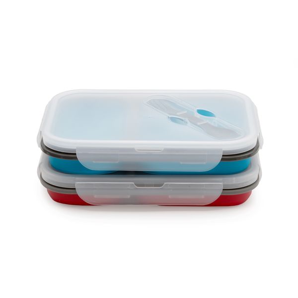 Collapsible Silicone Lunch Box 2 Compartment Food Container - Set of 2 - Blue &amp; Red