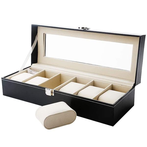 6 Slots Watch Case, Watch Box with Glass Lid Metal Buckle Wrist, storage