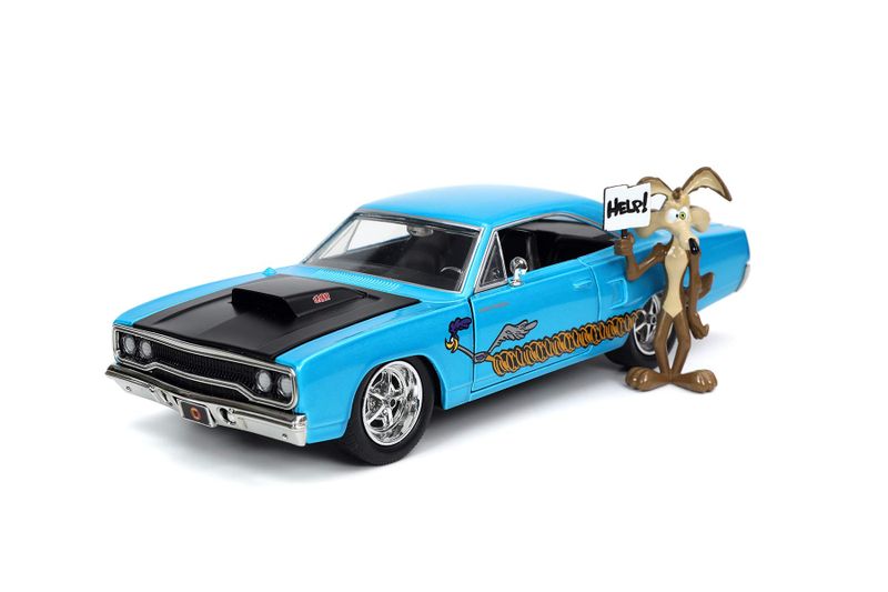 Jada-1970 Plymouth Road Runner with Wile Coyote Figure, Looney Toons-1/24