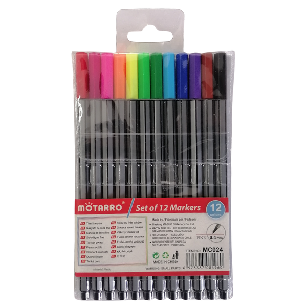 Motarro Fibre Tip Markers - 0.4mm - 12 Piece Set