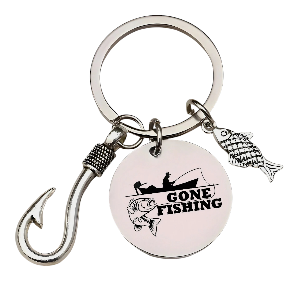 Gone Fishing Keychain with Hook and Fish Charms - Silver