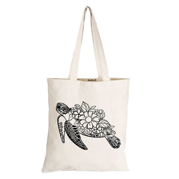 BuyAbility Floral Sea Turtle - Eco-Cotton Natural Fibre Bag