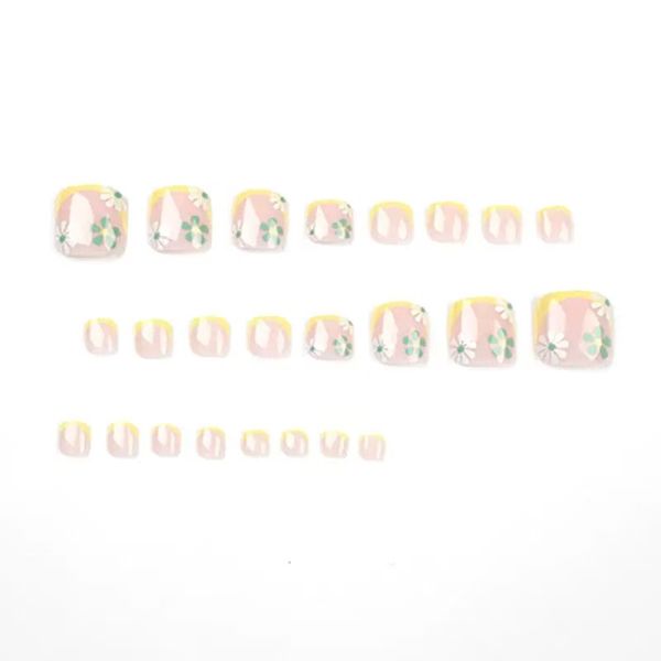 Yellow Edged French Toenail Art, White And Green Flower Nail Art